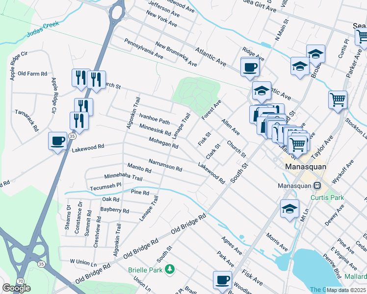 map of restaurants, bars, coffee shops, grocery stores, and more near 96 Mohegan Road in Manasquan