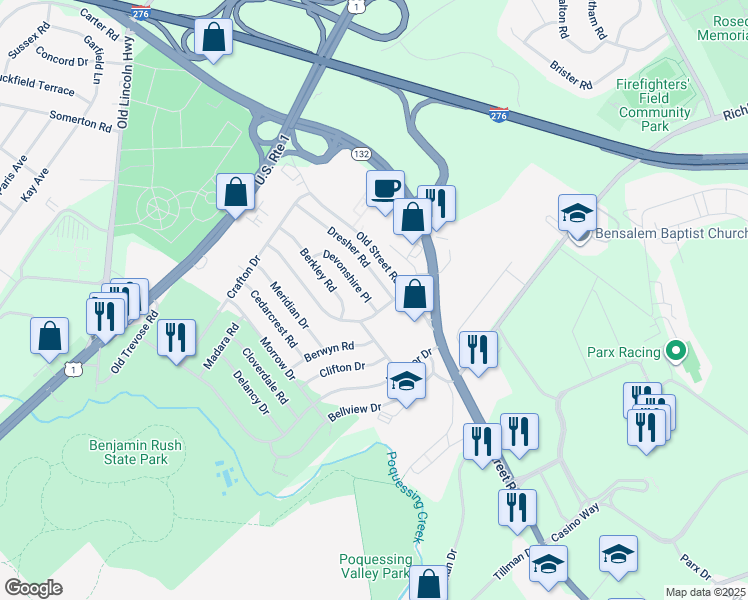 map of restaurants, bars, coffee shops, grocery stores, and more near 3621 Devonshire Place in Bensalem