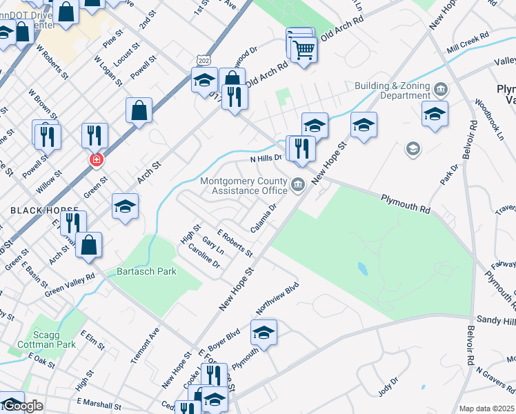 map of restaurants, bars, coffee shops, grocery stores, and more near 1728 Kendrick Lane in Norristown