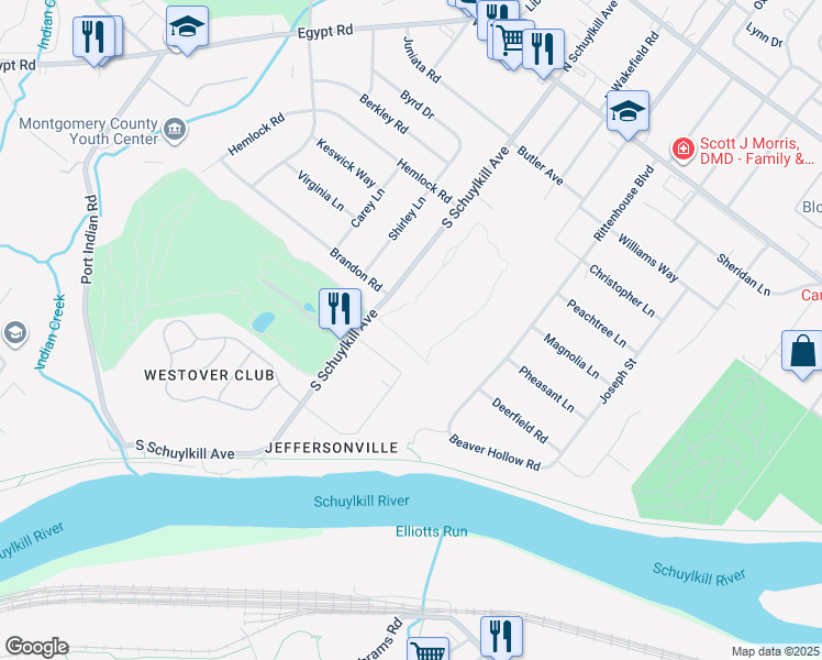 map of restaurants, bars, coffee shops, grocery stores, and more near 145 Brandon Road in Norristown