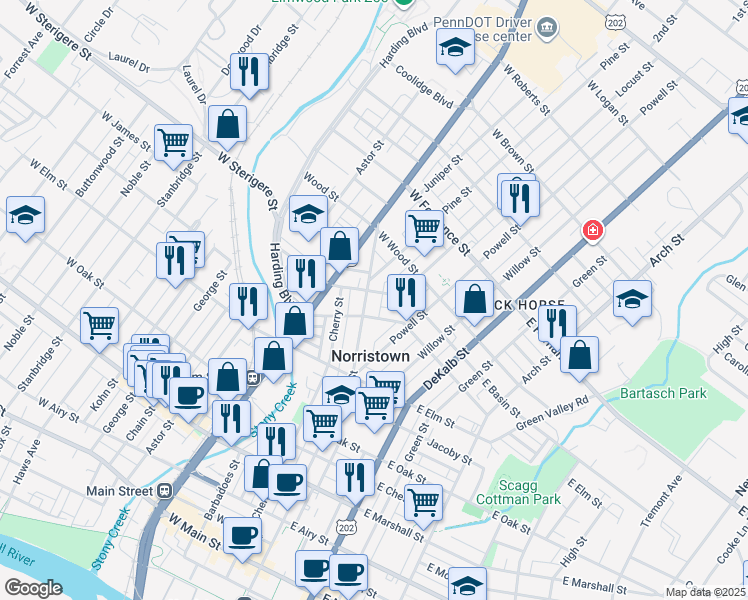 map of restaurants, bars, coffee shops, grocery stores, and more near 1125 Swede Street in Norristown