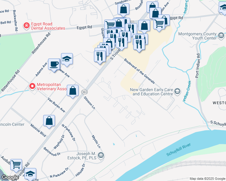 map of restaurants, bars, coffee shops, grocery stores, and more near 1367 William Penn Drive in Norristown