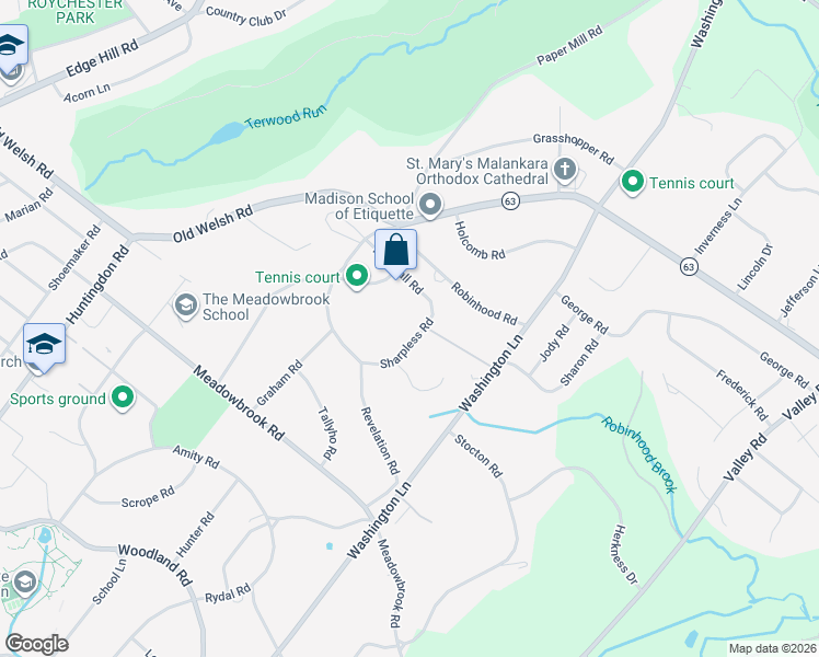 map of restaurants, bars, coffee shops, grocery stores, and more near 1760 Sharpless Road in Meadowbrook
