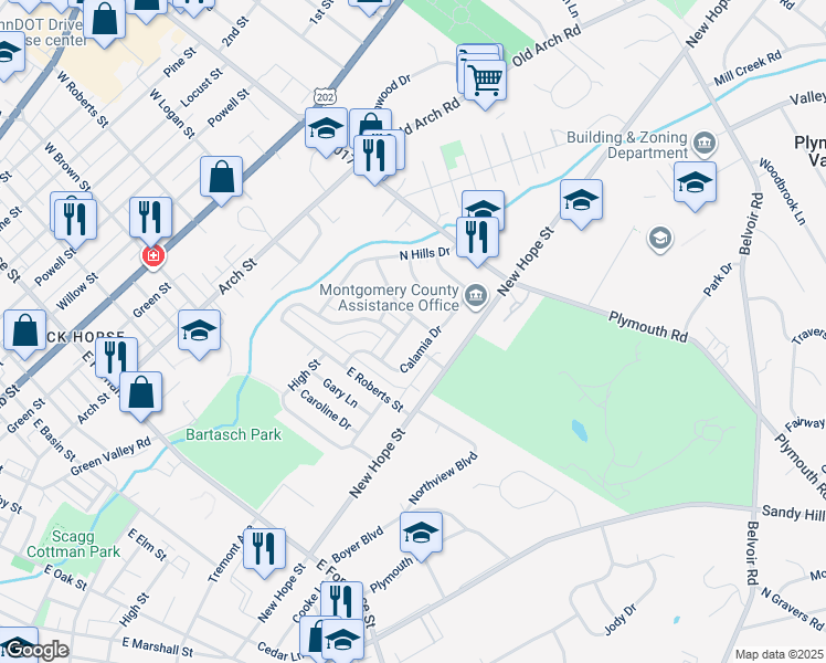 map of restaurants, bars, coffee shops, grocery stores, and more near 1728 Kendrick Lane in Norristown