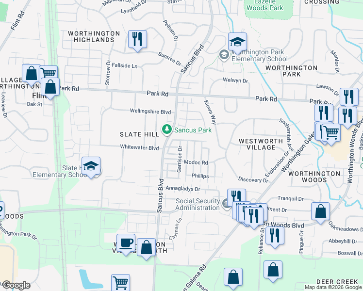 map of restaurants, bars, coffee shops, grocery stores, and more near 7730 Garrison Drive in Columbus
