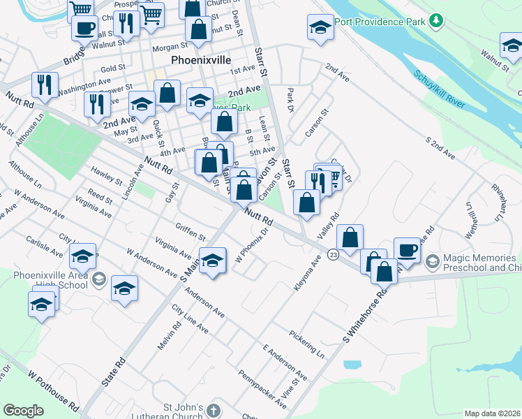map of restaurants, bars, coffee shops, grocery stores, and more near 79 Nutt Road in Phoenixville
