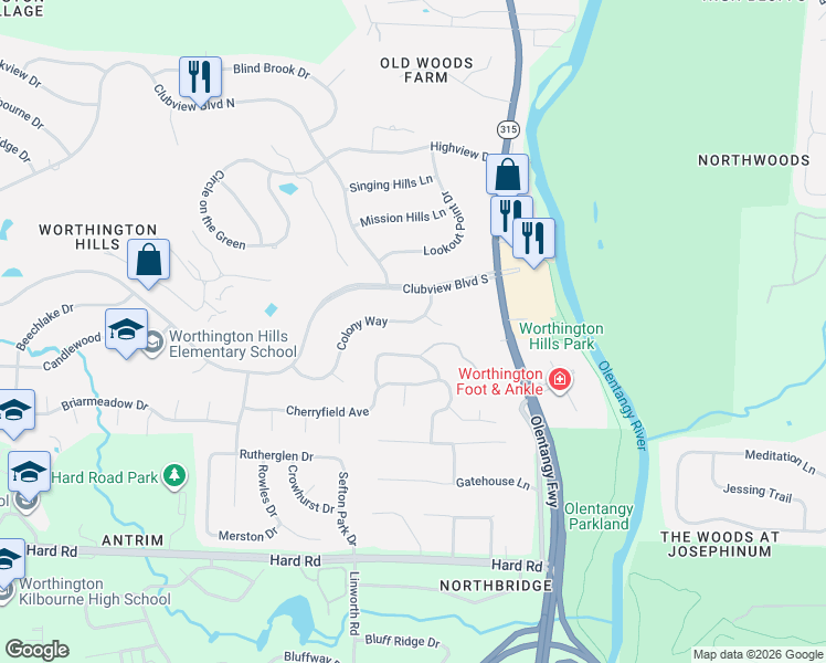 map of restaurants, bars, coffee shops, grocery stores, and more near 835 Colony Way in Columbus
