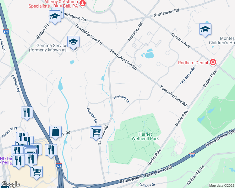 map of restaurants, bars, coffee shops, grocery stores, and more near 309 Anthony Drive in Plymouth Meeting