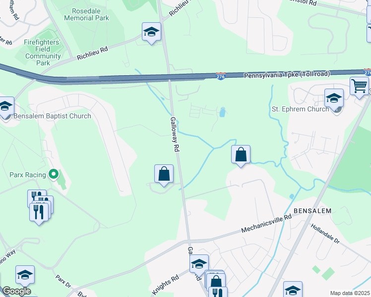 map of restaurants, bars, coffee shops, grocery stores, and more near 2765 Galloway Road in Bucks County