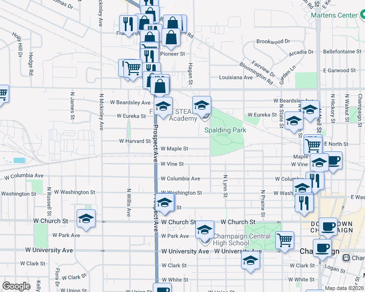 map of restaurants, bars, coffee shops, grocery stores, and more near 806 West Maple Street in Champaign