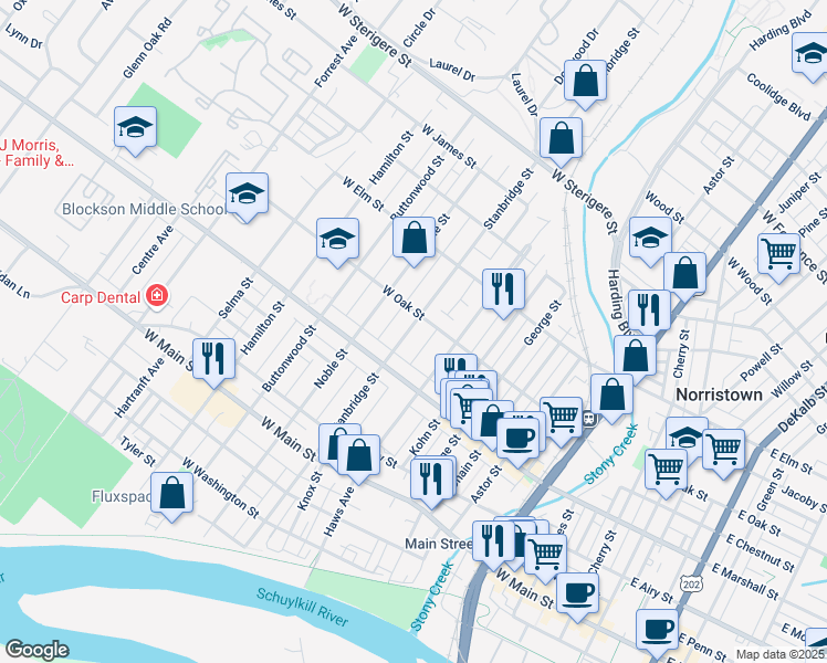 map of restaurants, bars, coffee shops, grocery stores, and more near 648 Stanbridge Street in Norristown