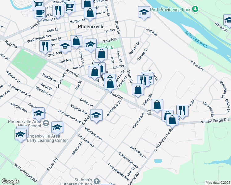 map of restaurants, bars, coffee shops, grocery stores, and more near 79 Nutt Road in Phoenixville