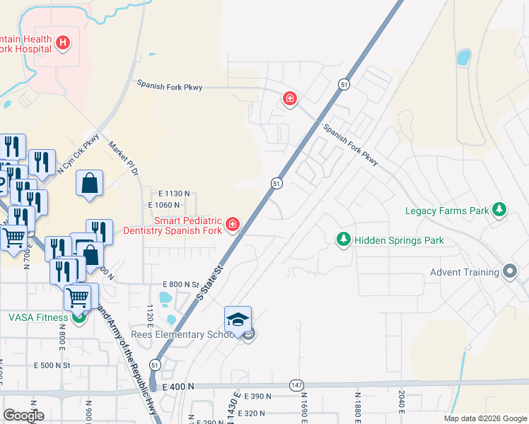 map of restaurants, bars, coffee shops, grocery stores, and more near 1561 East Ridgefield Road in Spanish Fork