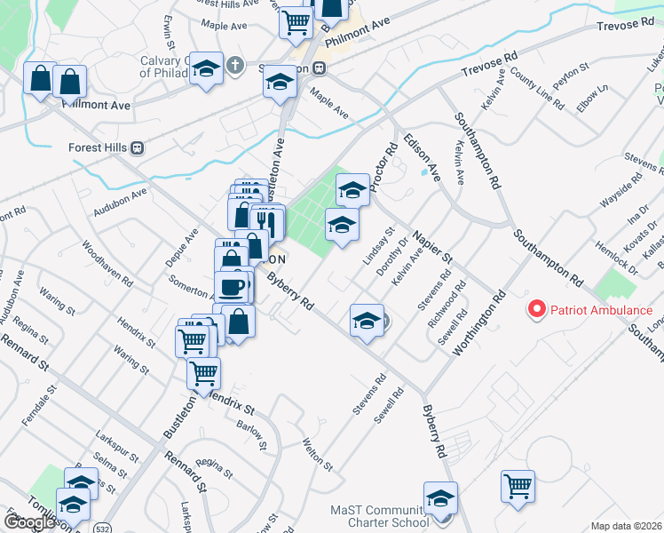 map of restaurants, bars, coffee shops, grocery stores, and more near 13039 Proctor Road in Philadelphia