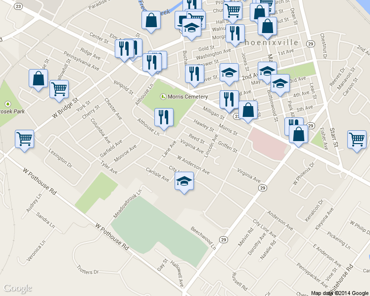 map of restaurants, bars, coffee shops, grocery stores, and more near 418 Virginia Avenue in Phoenixville