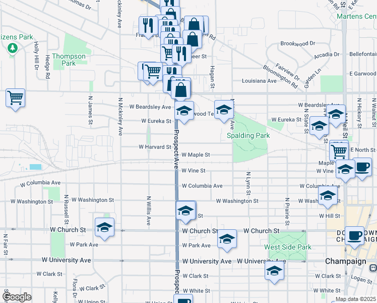 map of restaurants, bars, coffee shops, grocery stores, and more near 822 West Maple Street in Champaign