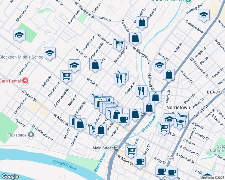 map of restaurants, bars, coffee shops, grocery stores, and more near 720 Haws Ave in Norristown