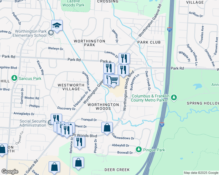 map of restaurants, bars, coffee shops, grocery stores, and more near Deercreek Drive in Columbus