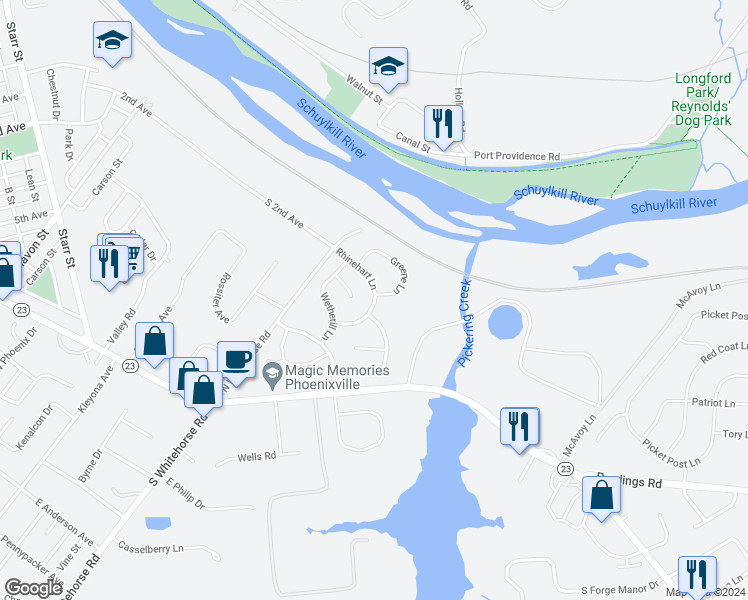 map of restaurants, bars, coffee shops, grocery stores, and more near 812 Rhinehart Lane in Phoenixville
