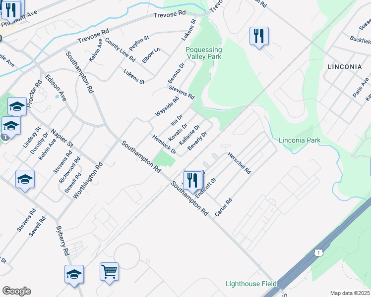 map of restaurants, bars, coffee shops, grocery stores, and more near 15116 Beverly Drive in Philadelphia