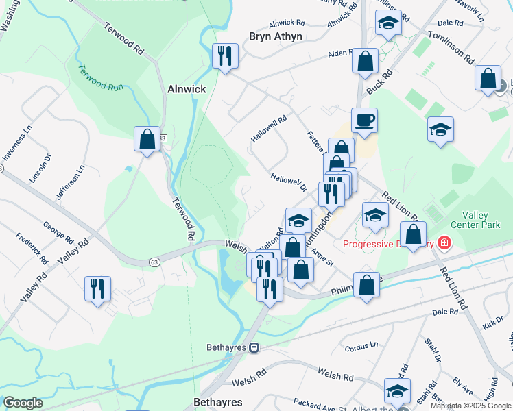 map of restaurants, bars, coffee shops, grocery stores, and more near 753 Welsh Road in Montgomery County