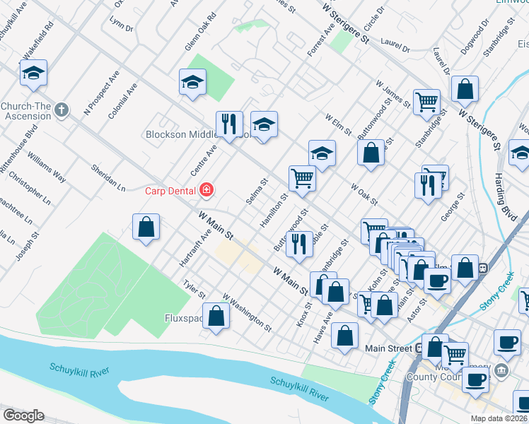 map of restaurants, bars, coffee shops, grocery stores, and more near 1217 Linwood Avenue in Norristown
