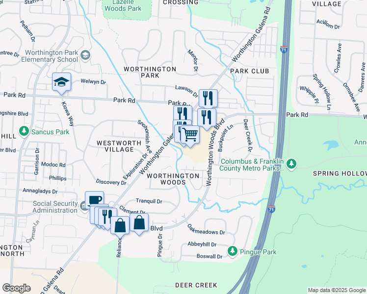 map of restaurants, bars, coffee shops, grocery stores, and more near Deercreek Drive in Columbus