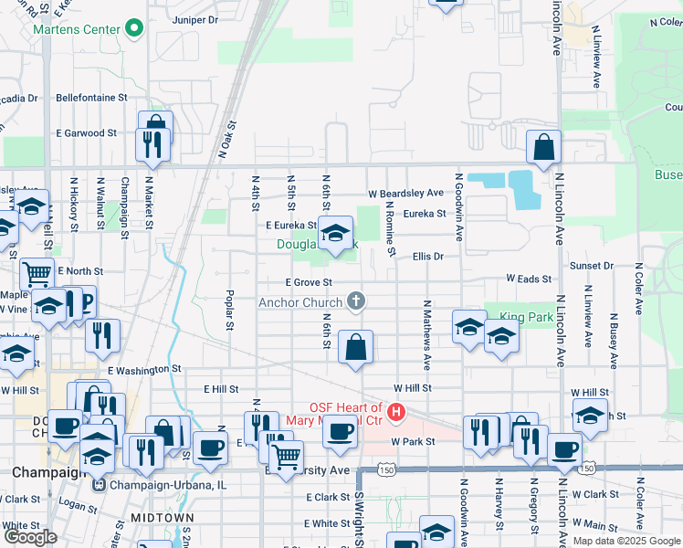 map of restaurants, bars, coffee shops, grocery stores, and more near 606 East Grove Street in Champaign
