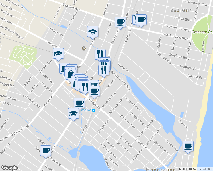 map of restaurants, bars, coffee shops, grocery stores, and more near 67 Colby Avenue in Manasquan