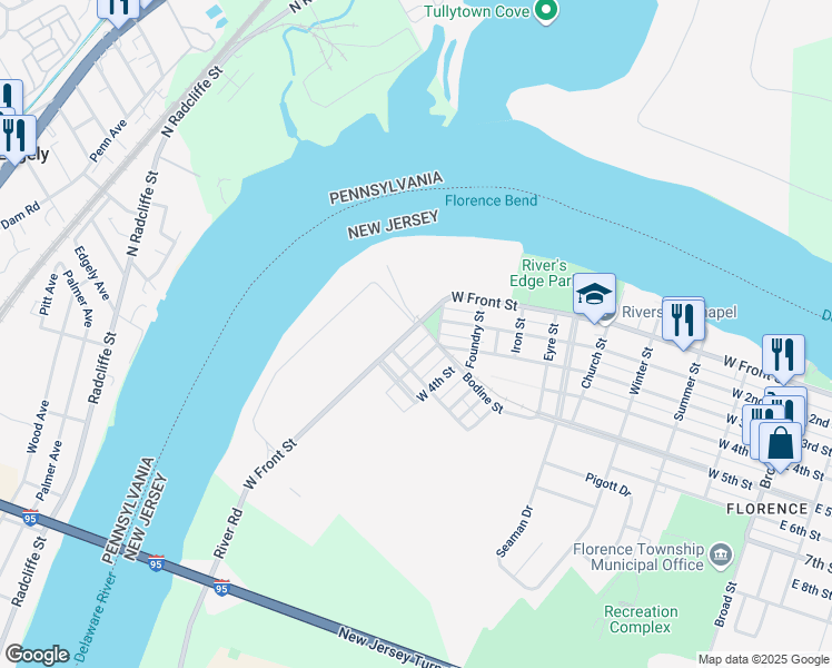 map of restaurants, bars, coffee shops, grocery stores, and more near 1004 West Front Street in Florence Township
