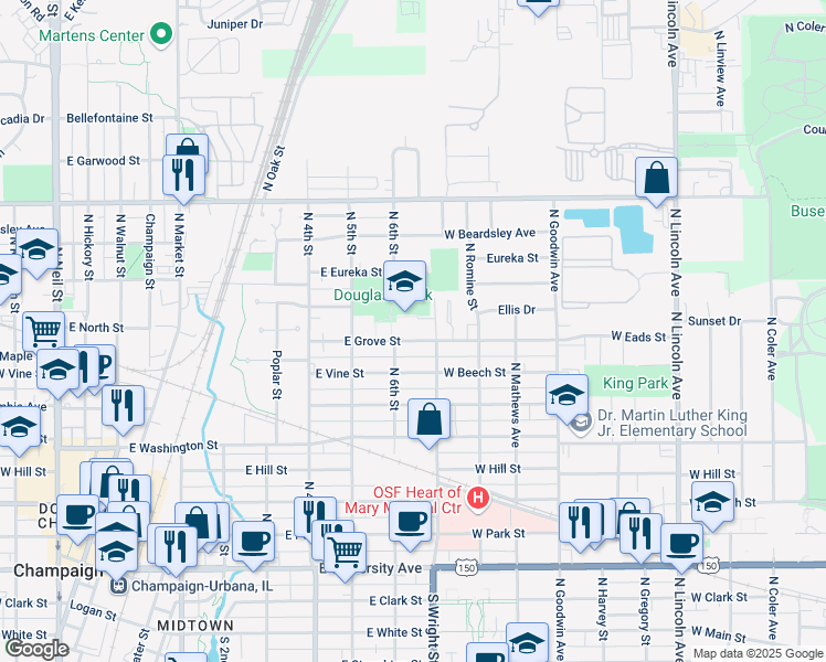 map of restaurants, bars, coffee shops, grocery stores, and more near 606 East Grove Street in Champaign