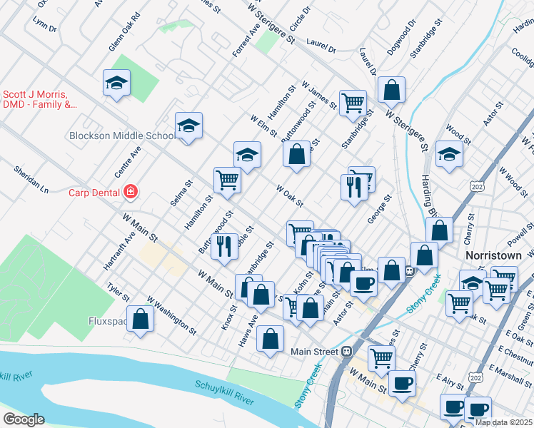 map of restaurants, bars, coffee shops, grocery stores, and more near 600 Noble Street in Norristown