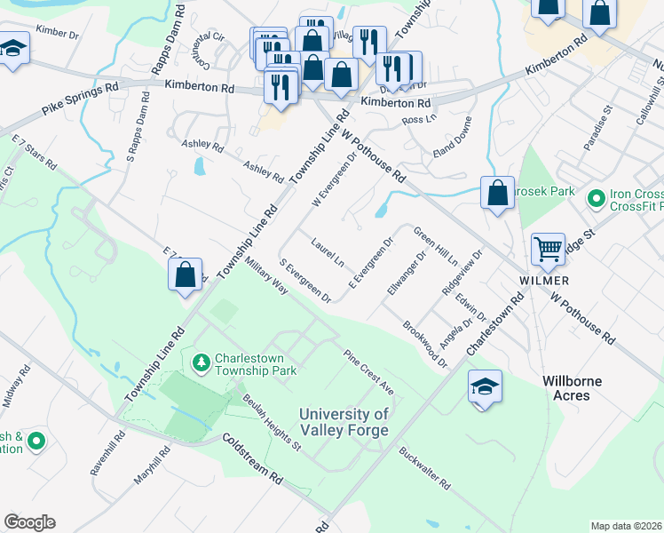 map of restaurants, bars, coffee shops, grocery stores, and more near 1198 Laurel Lane in Phoenixville