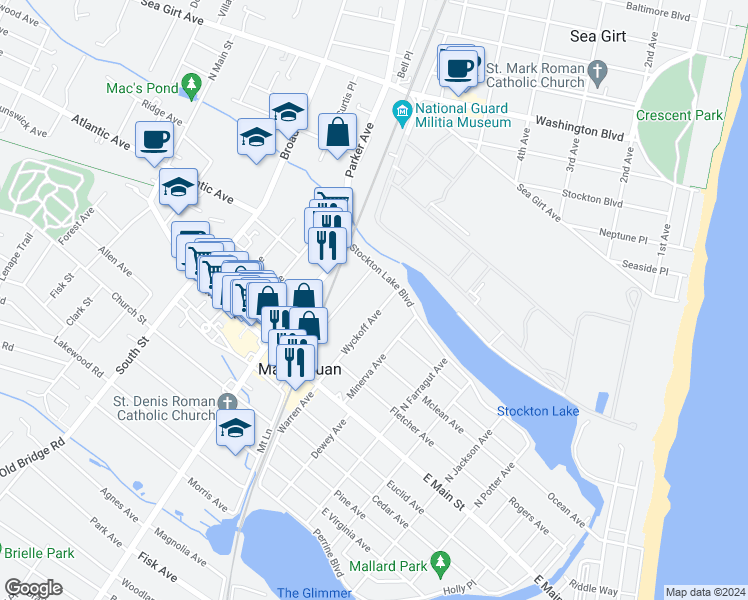 map of restaurants, bars, coffee shops, grocery stores, and more near 95 Wyckoff Avenue in Manasquan