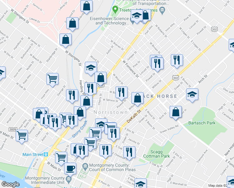map of restaurants, bars, coffee shops, grocery stores, and more near 42 West Basin Street in Norristown