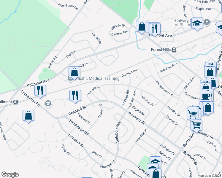 map of restaurants, bars, coffee shops, grocery stores, and more near 211 Dumont Place in Philadelphia
