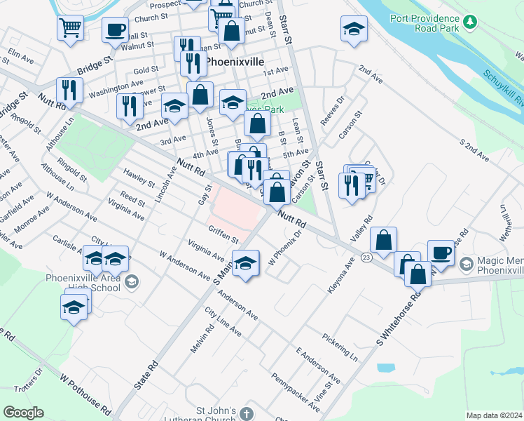 map of restaurants, bars, coffee shops, grocery stores, and more near 126 Nutt Road in Phoenixville