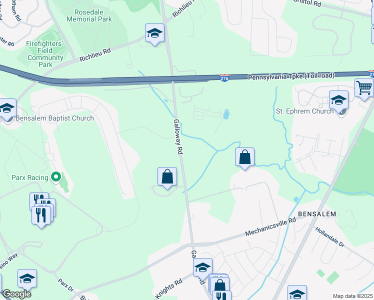 map of restaurants, bars, coffee shops, grocery stores, and more near 2765 Galloway Road in Bensalem