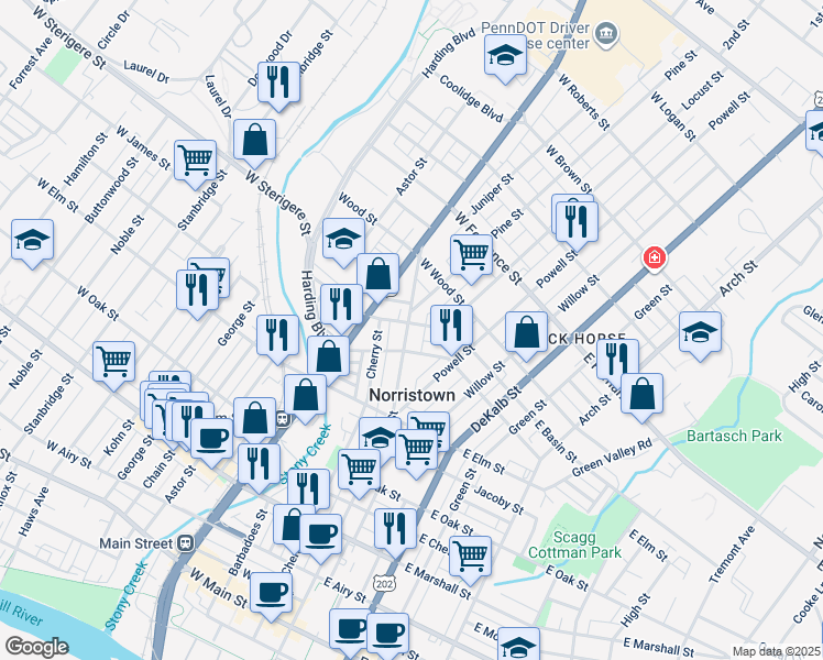 map of restaurants, bars, coffee shops, grocery stores, and more near 1120 Swede Street in Norristown