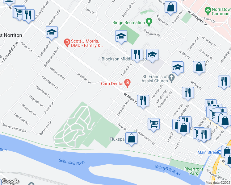 map of restaurants, bars, coffee shops, grocery stores, and more near 1400 West Main Street in Eagleville