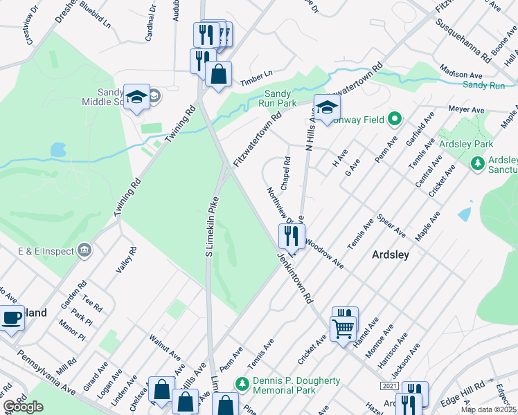 map of restaurants, bars, coffee shops, grocery stores, and more near 3119 Jenkintown Road in Glenside