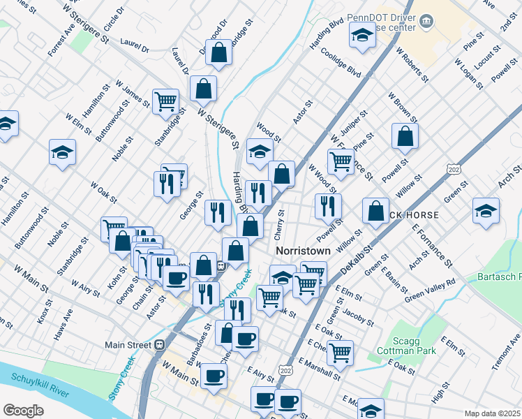 map of restaurants, bars, coffee shops, grocery stores, and more near 1129 Markley Street in Norristown
