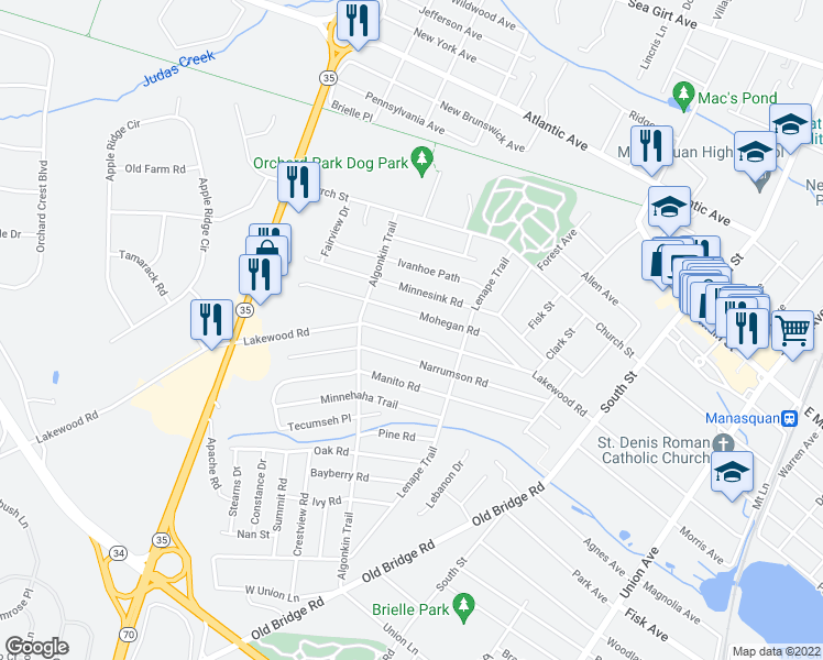 map of restaurants, bars, coffee shops, grocery stores, and more near 1120 Lakewood Road in Manasquan