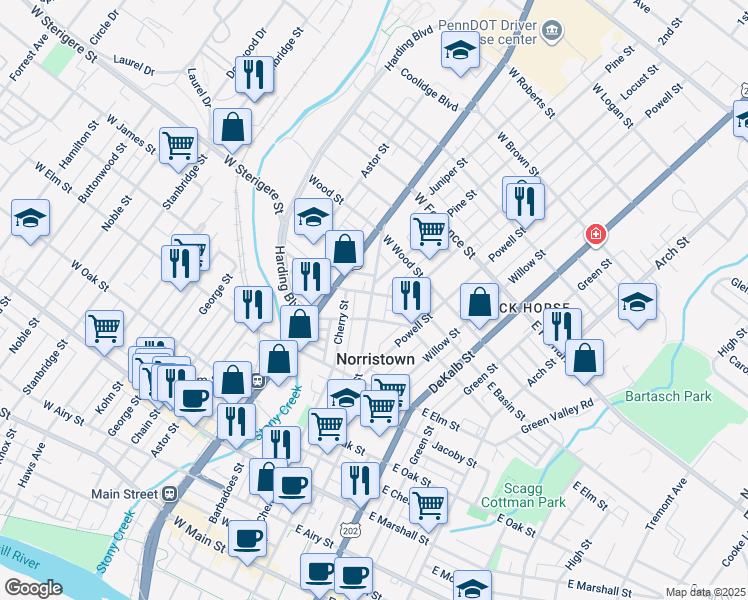 map of restaurants, bars, coffee shops, grocery stores, and more near 1120 Swede Street in Norristown
