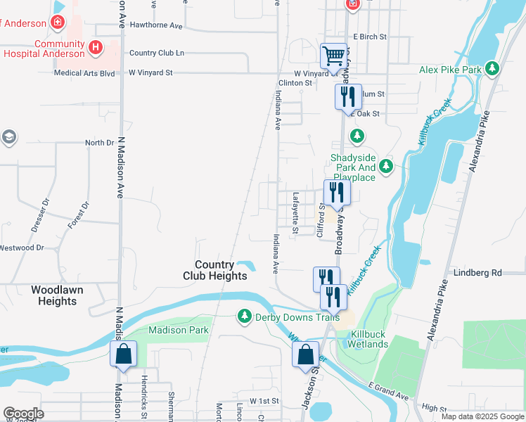 map of restaurants, bars, coffee shops, grocery stores, and more near 814 Hickory Street in Anderson
