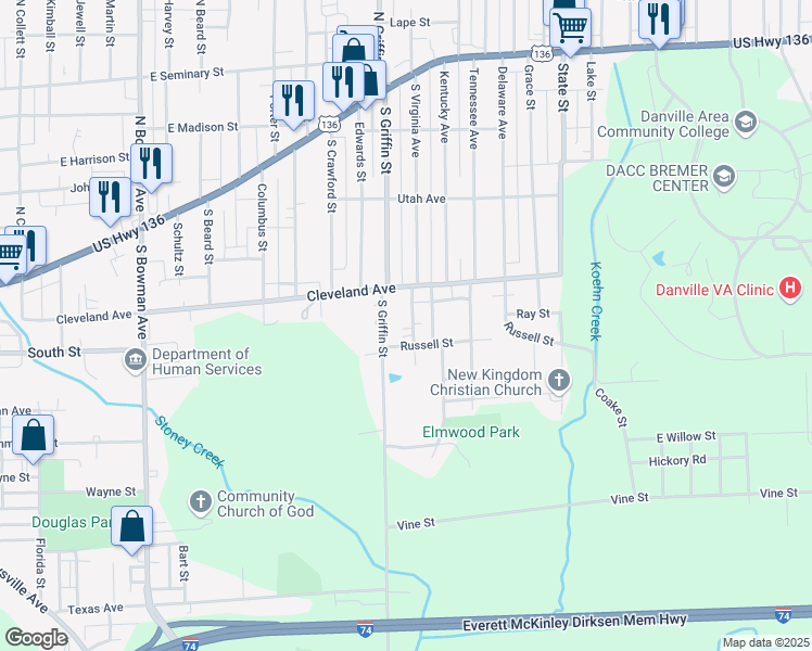 map of restaurants, bars, coffee shops, grocery stores, and more near 104 Elmwood Avenue in Danville