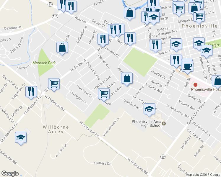 map of restaurants, bars, coffee shops, grocery stores, and more near 1216 Garfield Avenue in Phoenixville