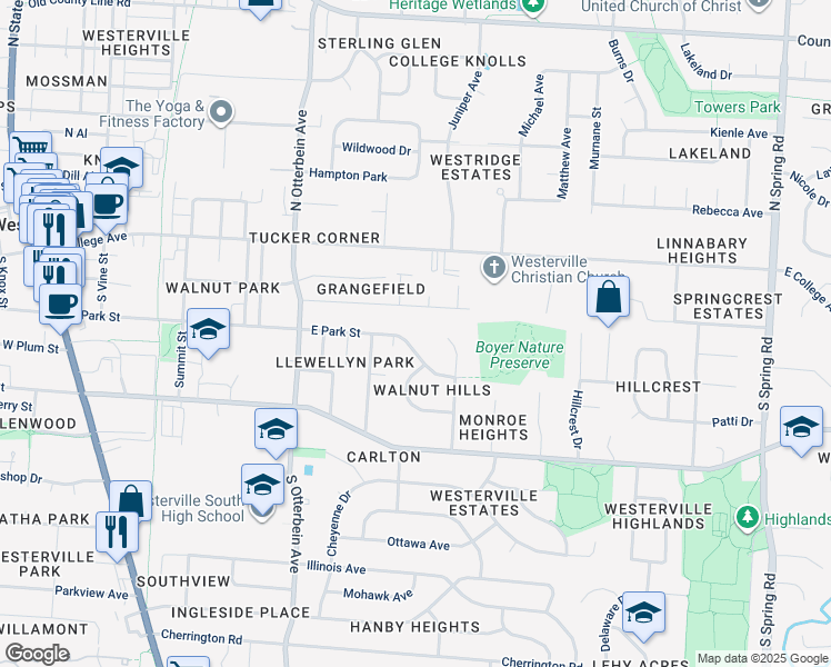 map of restaurants, bars, coffee shops, grocery stores, and more near 366 E Park St in Westerville