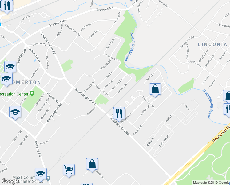 map of restaurants, bars, coffee shops, grocery stores, and more near 15112 Beverly Drive in Philadelphia