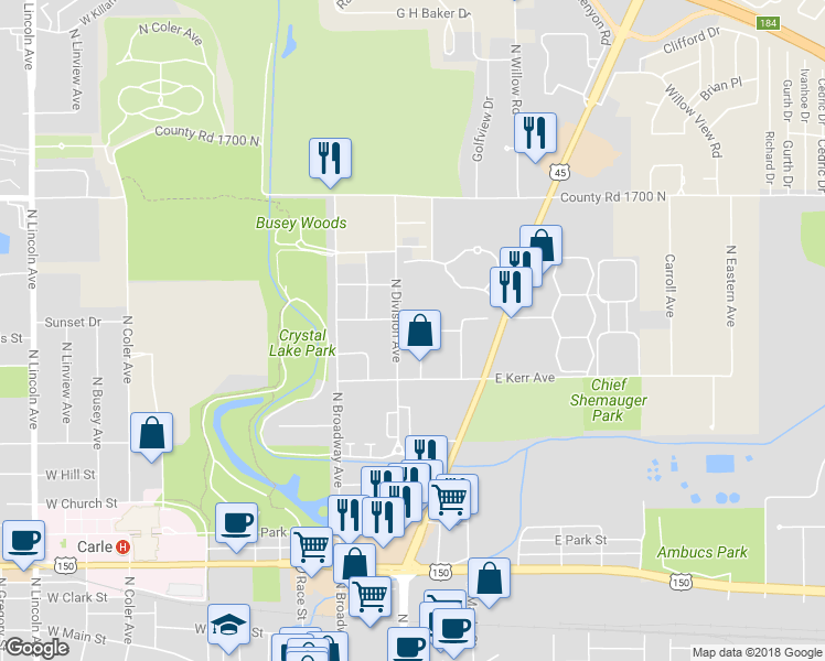 map of restaurants, bars, coffee shops, grocery stores, and more near 1107 North Highland Drive in Urbana